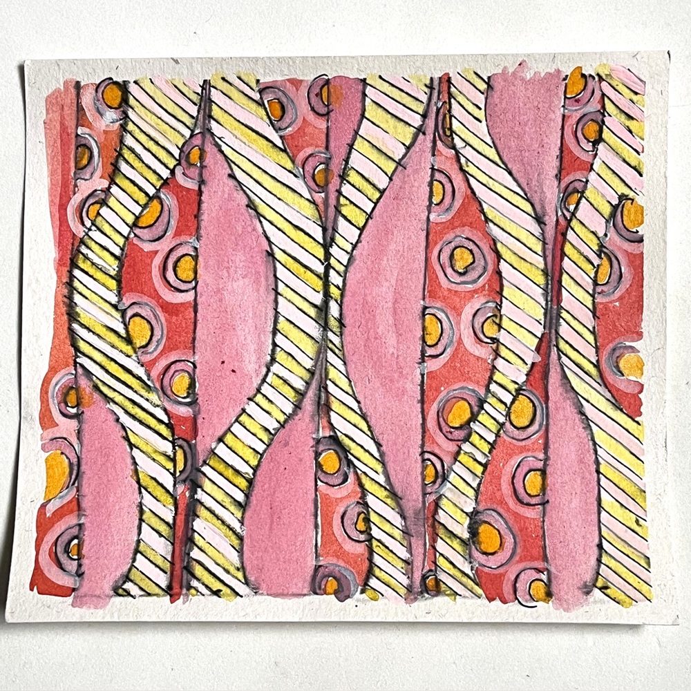 Pen & Ink- Abstract Pattern Gouache Art Painting. pinks, yellow. NEW